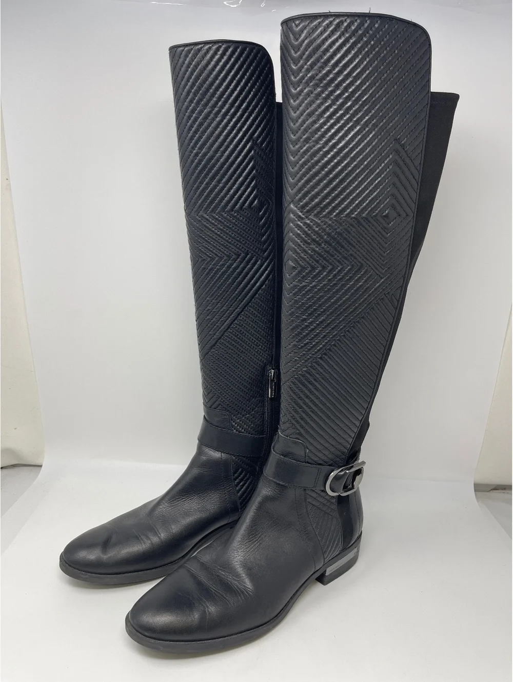 Black Leather Over The Knee Boots 9 Quilted Front Buckle Stretch Back Low Heel